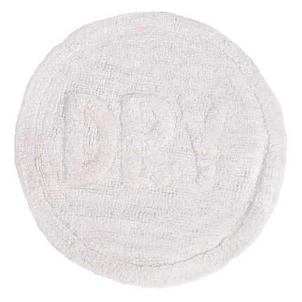 Covoras de baie rotund din bumbac Shopiens®, alb cu litere in relief DRY, 60 cm