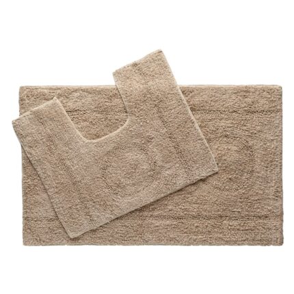 Set 2 covorase pentru baie Shopiens®, din bumbac de culoare maro cu model cercuri, absorbante si stabile, 80 x 50 cm si 50 x 40 cm