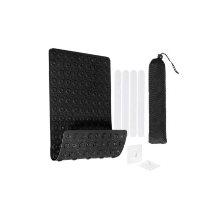 Set Covoras antiderapant pentru cada, 39x87 cm, PVC, cu ventuze si orificii de scurgere, include 2 carlige autoadezive, 4 benzi antialunecare si saculet de depozitare, lavabil la masina, Negru