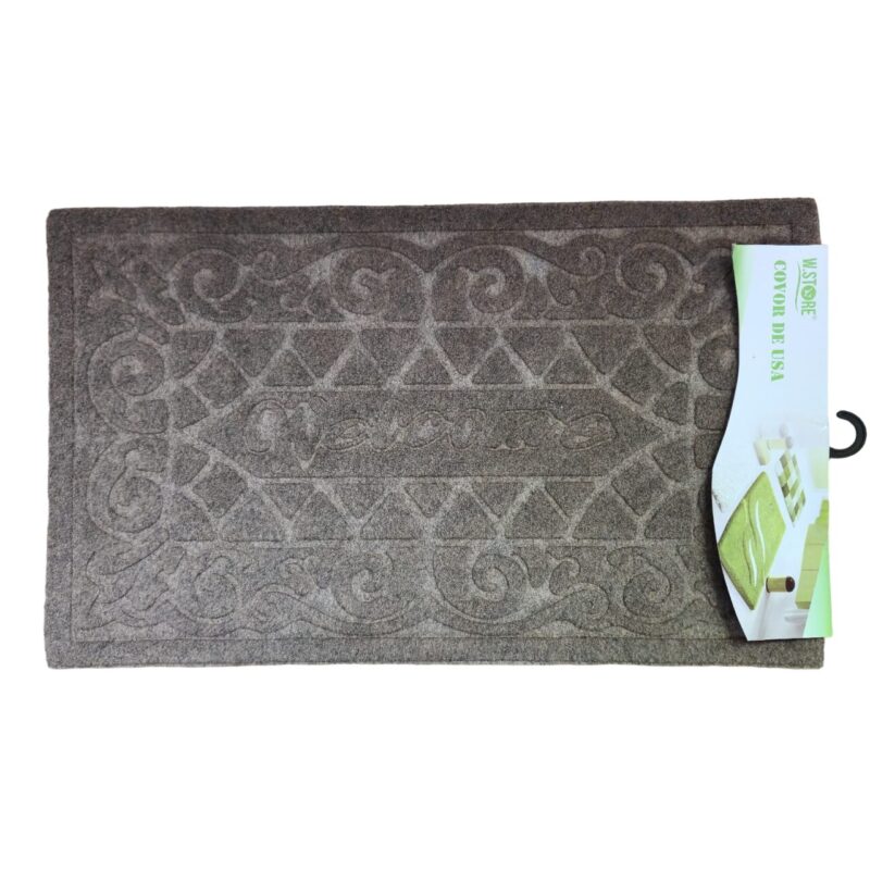 Covoras intrare absorbant antimurdarie, tip mocheta, usor de intretinut, pentru trafic intens, cu imprimeu Welcome, antiderapant, 75 x 45 cm, Maro