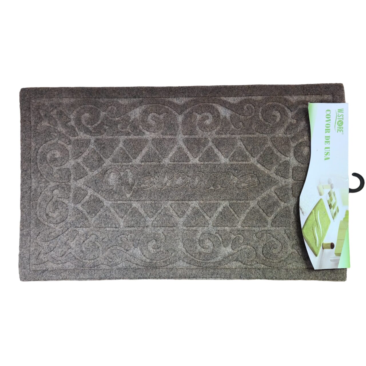 res_6357e2a0d5aac649ac8d4b4490d61e99 Covoras intrare absorbant antimurdarie, tip mocheta, usor de intretinut, pentru trafic intens, cu imprimeu Welcome, antiderapant, 75 x 45 cm, Maro