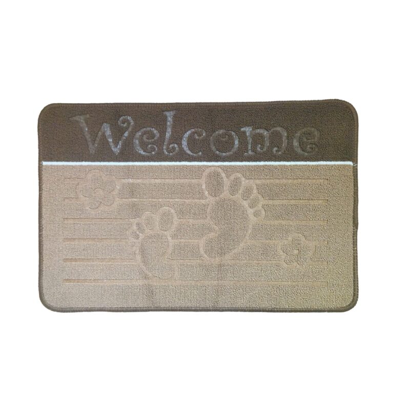 Covoras intrare absorbant antimurdarie, tip mocheta, usor de intretinut, pentru trafic intens, cu mesaj Welcome, antiderapant, 58 x 38 cm, Maro