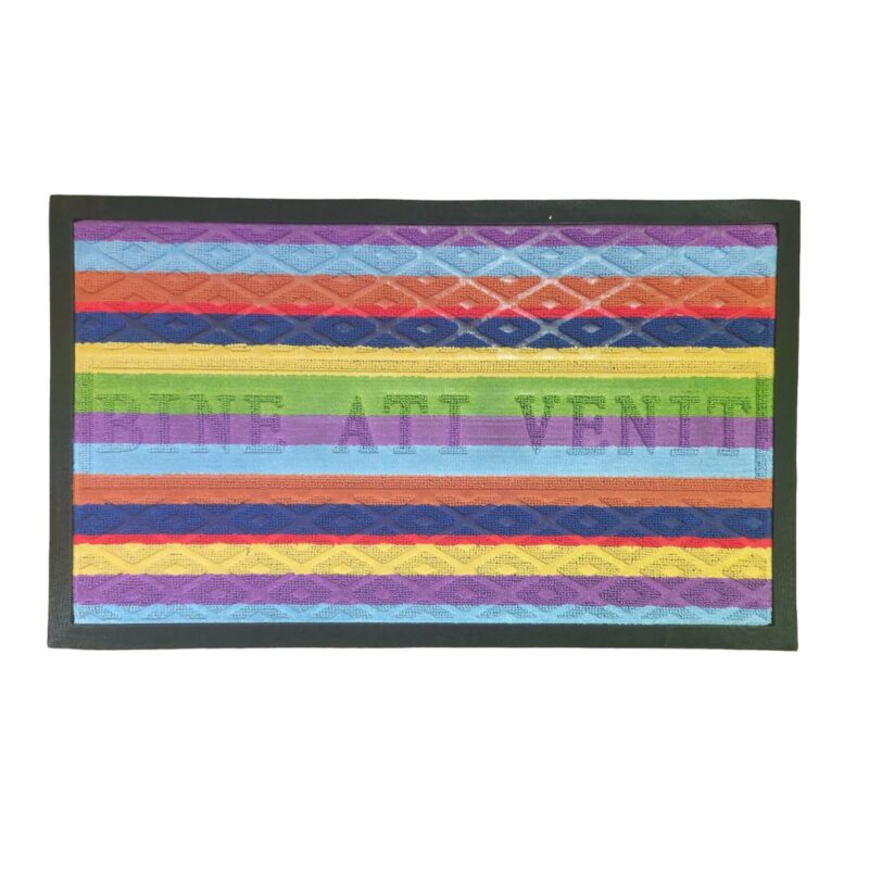 Covoras intrare absorbant antimurdarie, tip mocheta, material polipropilena, usor de intretinut, pentru trafic intens, cu imprimeu Bine Ati Venit, antiderapant, 75 x 45 cm, Multicolor