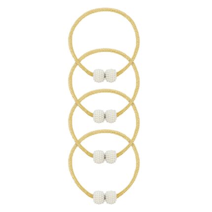 Set 4 magneti decorativi pentru perdele, NUODWELL, Cu catarama cu perle si curea cu textura tesuta, Usor de utilizat, Perfect pentru camera de zi, dormitor, bucatarie, sufragerie, baie si birou, Plastic/Poliester, 48 cm, Auriu