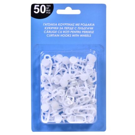 Set 50 carlige perdea, cu roti, alb, plastic