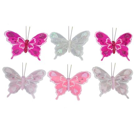 Set 6 accesorii perdele, fluturi decorativi, cu sclipici, roz fuchsia, 10cm