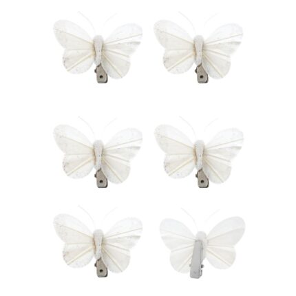 Set 6 accesorii perdele, fluturi decorativi, cu sclipici, alb, 6cm