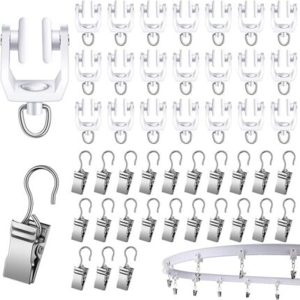 Set 60 carlige pentru scripete pentru perdea, Sunmostar, Plastic/Metal, Alb/Argintiu