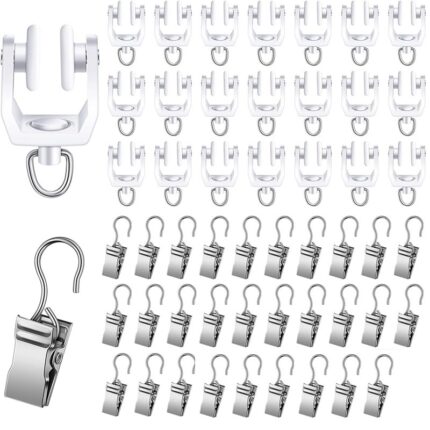 Set 60 carlige pentru scripete pentru perdele, Plastic/Metal, Alb/Argintiu