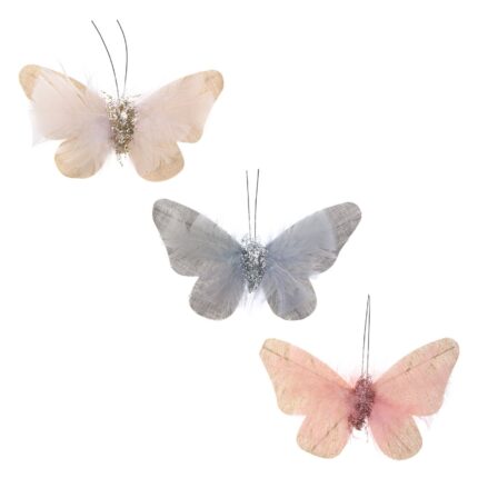 Set 3 accesorii perdele, fluturi decorativi, cu puf, roz nud/gri/crem, 13cm