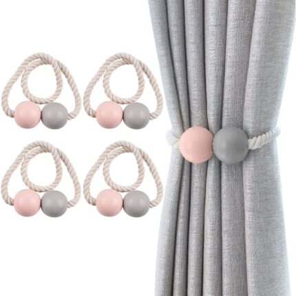 Set 4 cleme fixare perdele, LLWL, Lemn, Roz/Gri