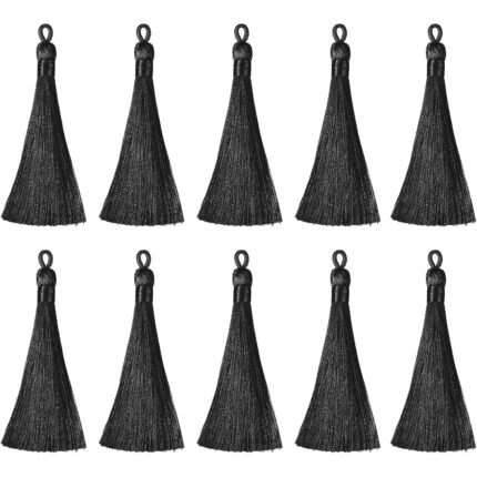Set de 20 bucati de ciucuri mini din matase moale cu bucle pentru breloc, absolvire, accesoriu DIY, negru