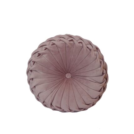 Perna Decorativa Puffet Rotunda din Catifea Roz Pudra, Cusuta Manual, 38 cm diametru