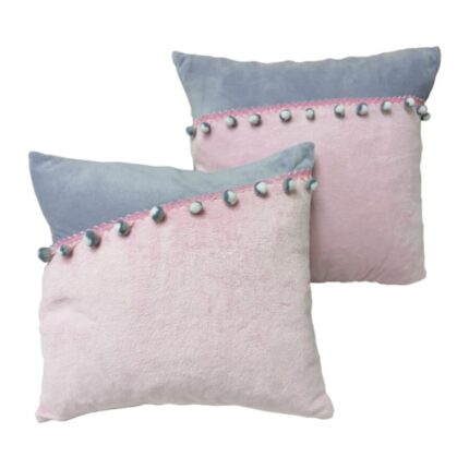 Set 2 perne decorative cu banda ciucuri, roz/gri, plus minky, 38 x 40, 35 x 35