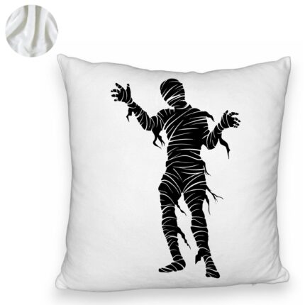 Perna Decorativa Fluffy cu motiv Mumie de Halloween 2, 40x40 cm, Alba, Husa Detasabila, Burduf