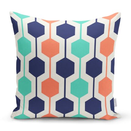 Perna decorativa 32, 43x43cm, husa detasabila, gramaj 200 g, burduf, poliester, culoare portocaliu si albastru, hexagoane