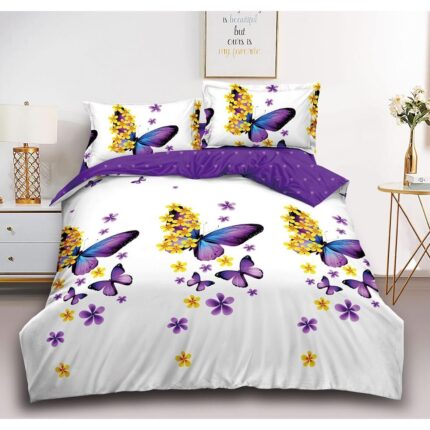 Set Lenjerie de pat dublu, 4 piese, Finet, cu imprimeu fluturi si floricele, Cearceaf de pat 230x250 cm, Cearceaf pilota 200x230 cm, 2 fete de perna 50x70 cm, alb-mov