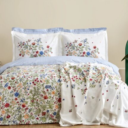 Lenjerie de pat pentru 2 persoane cu cuvertura asortata Karaca Home, Sasha, Bumbac, 5 piese, 200 cm x 220 cm, Multicolor