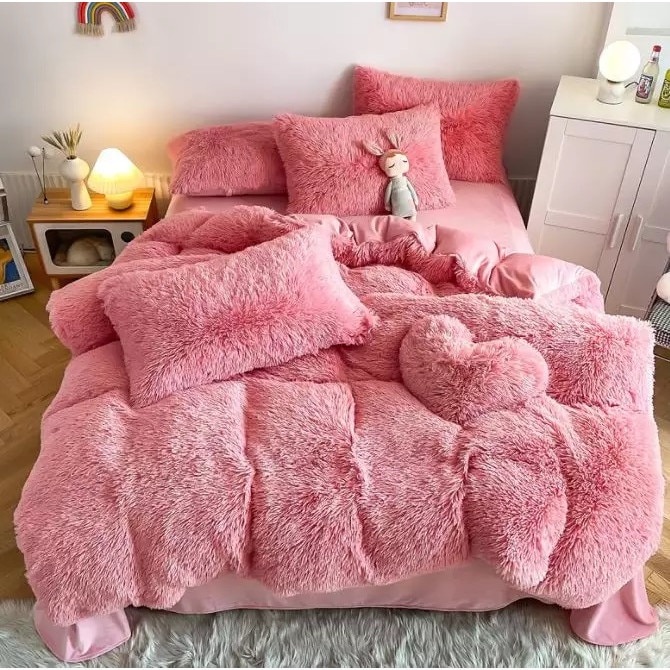 Set Lenjerie Super Pufoasa Cocolino, Model Fluffy, 6 piese, Pat 2 Persoane, Roz Pudra