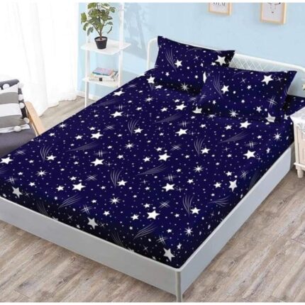 Husa Cocolino Premium cu Elastic, 3 Piese, pentru Pat Dublu, 180 x 200 cm, 2 Fete de Perna, Albastru cu Stele