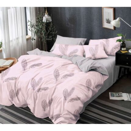 Set Lenjerie de pat dublu, 2 persoane, Pucioasa, Bumbac, Finet, 6 Piese, Cearceaf de pat 245 x 250 cm, Cearceaf pilota 200 x 230 cm, 2 fete de perna 70 x 70 cm, 2 fete de perna 55 x 80 cm, Roz pal/Gri, Doua fete, Model floral, FNP-1012