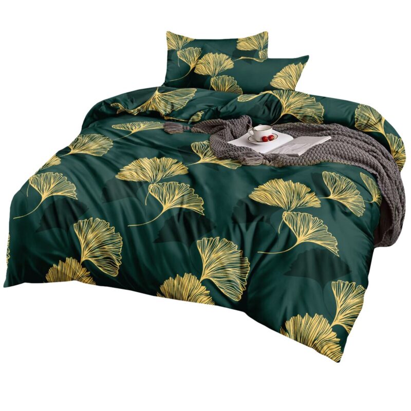 Set lenjerie satinat, 3 buc, 160x200cm, 2 huse perne, Verde/galben
