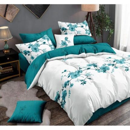 Set Lenjerie de pat dublu, 2 persoane, East Confort, Bumbac, 6 Piese, Cearceaf de pat 230 x 250 cm, Cearceaf pilota 200 x 230 cm, 2 fete de perna 70 x 70 cm, 2 fete de perna 55 x 80 cm, Alb/Turcoaz, Model flori, FN-12