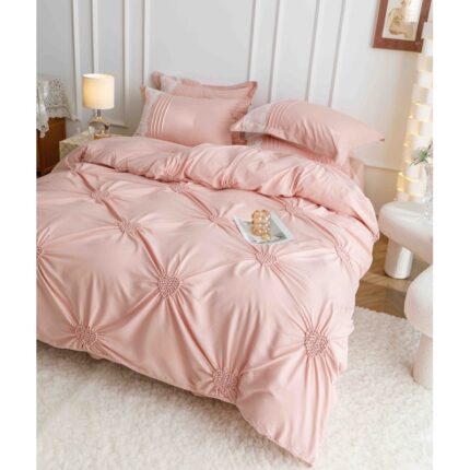 Lenjerie De Pat Dublu, 240x250, Bumbac Finet, Inimi Brodate, 6 Piese, Roz Pudra