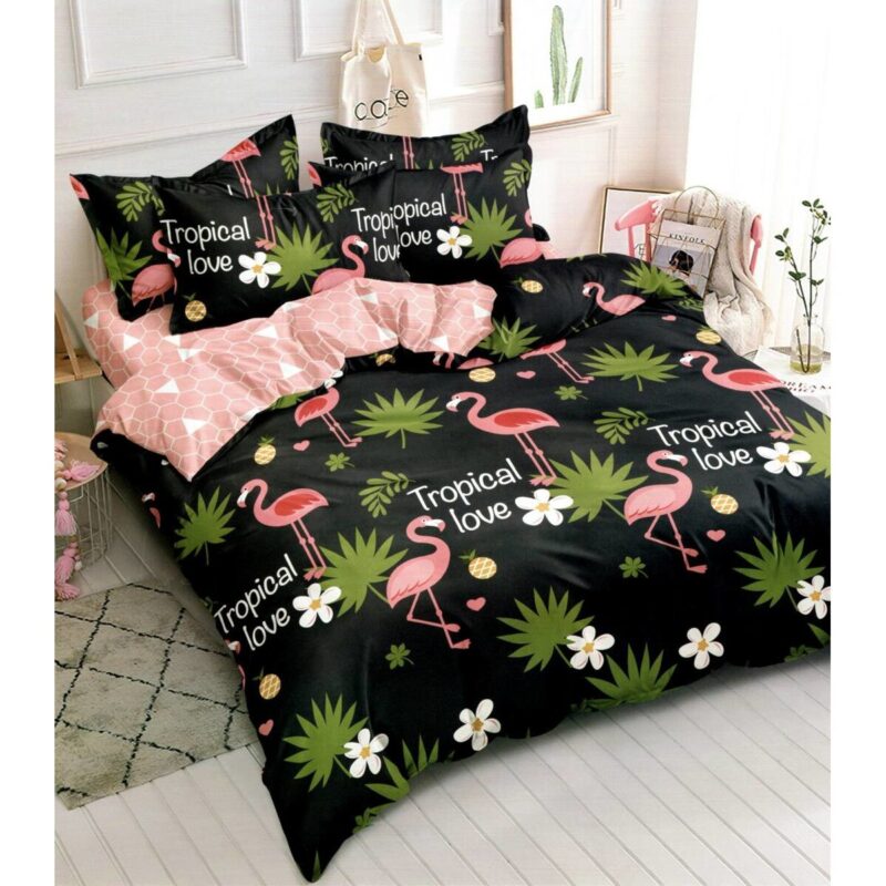 Set lenjerie, Din bumbac satinat, 2 huse perne, 200x160cm, Negru/verde/roz