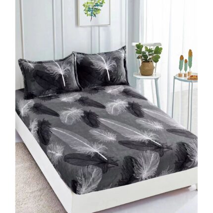 Husa de pat Cocolino cu Elastic, Husa de pat cu doua fete de perna, 180x200cm, Model Gri cu Pene