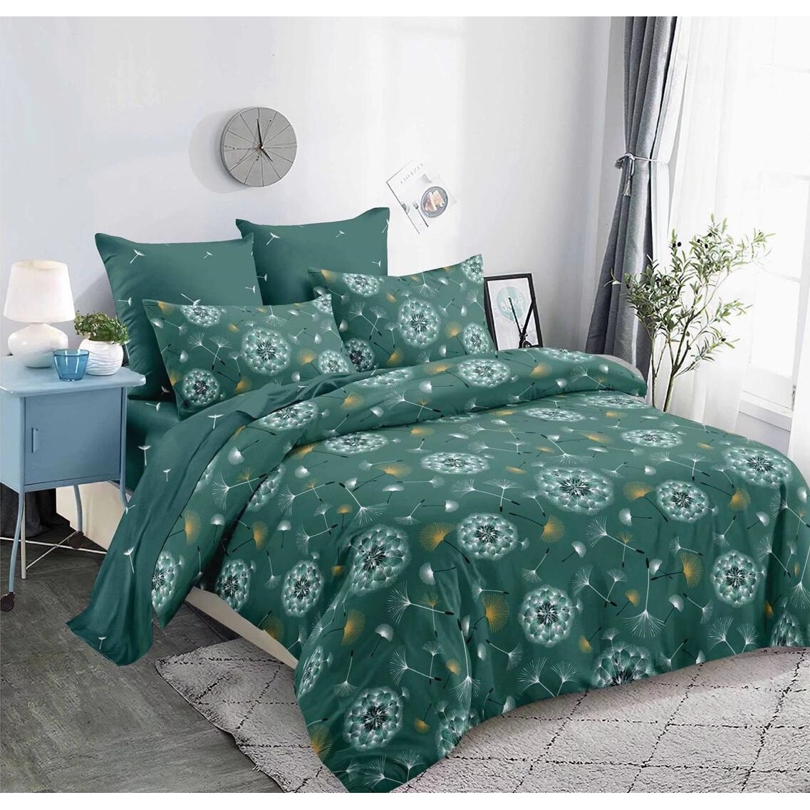 res_90de5745fadb0c410f0035b27241cc9c Set Lenjerie de pat pentru 2 persoane, 6 piese, cu imprimeu abstract papadii, bumbac finet, Cearceaf de pat 230X250 cm, Cearceaf pilota 200x230 cm, 2 fete de perna 70x70 cm, 2 fete de perna 50x70 cm, verde inchis
