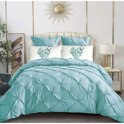 Set Lenjerie de pat dublu cu Elastic, Pliuri, Uni, Cu perne Decorative, 6 Piese, Cearceaf de pat 180 x 200 cm, Cearceaf pilota 200 x 230 cm, 2 Fete de perna cu Model 50 x 50 cm, 2 Fete de perna 55 x 80 cm, Turcoaz, FPCC-006