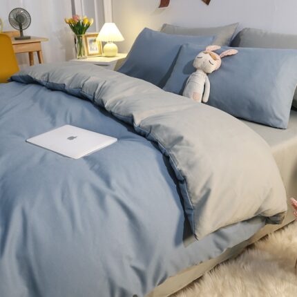 Lenjerie de pat dublu, cu doua fete, bumbac premium de lux, 4 piese, culoare Albastru