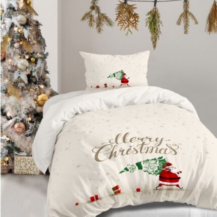 Lenjerie Craciun 3D pat 1 persoana cu Mos Craciun, bumbac 100% ranforce, 3 piese, 180x240 cm, Club Cotton, Dexy Ecru