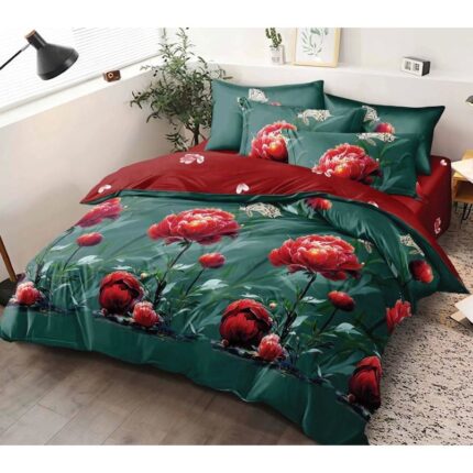 Set Lenjerie de pat dublu, 2 persoane, Pucioasa, Bumbac, Finet, 6 Piese, Cearceaf de pat 245 x 250 cm, Cearceaf pilota 200 x 230 cm, 2 fete de perna 70 x 70 cm, 2 fete de perna 55 x 80 cm, Verde/Rosu, Doua fete, Model floral, PUC-0053