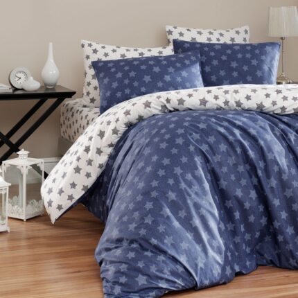 Lenjerie pat dublu, bumbac 100% ranforce, 240x260 cm, 6 piese, First Choice, Light Navy Blue, Albastru