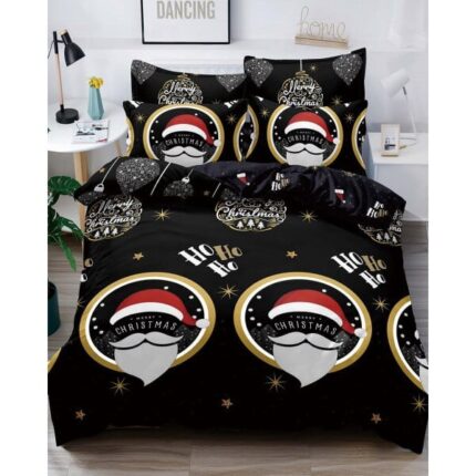 Set Lenjerie de pat cu 6 piese pentru 2 persoane, Tecos, pilota 200x230 cm, cearceaf cu elastic 230X250 cm, bumbac finet, negru cu motive de Craciun