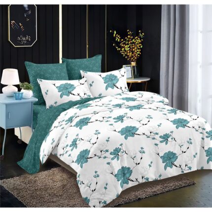 Set Lenjerie de pat dublu, 6 piese, cu imprimeu flori, bumbac finet, Cearceaf de pat 230X250 cm, Cearceaf pilota 200x230 cm, 2 fete de perna 70x70 cm, 2 fete de perna 50x70 cm, alb-verde