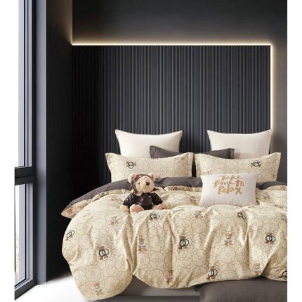 Set Lenjerie de pat dublu, 2 persoane, East Confort, 6 Piese, Cearceaf de pat 230 x 250 cm, Cearceaf pilota 200 x 230 cm, 2 fete de perna 70 x 70 cm, 2 fete de perna 55 x 80 cm, Crem/Gri, Model Ursuleti, FFN-008
