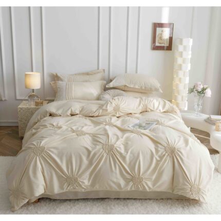Set Lenjerie Brodata Uni, Pliuri si Inimioare, Bumbac Soft Touch, 6 Piese, Pat Dublu, 230x250, Crem