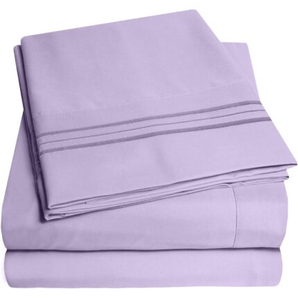Set lenjerie de pat, cearceaf cu elastic, brodata, bumbac 100%, pat dublu, lila