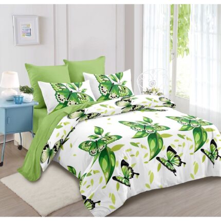 Set Lenjerie de pat dublu, 6 piese, cu imprimeu fluturi, din bumbac finet, Cearceaf de pat 230X250 cm, Cearceaf pilota 200x230 cm, 2 fete de perna 70x70 cm, 2 fete de perna 50x70, alb-verde deschis