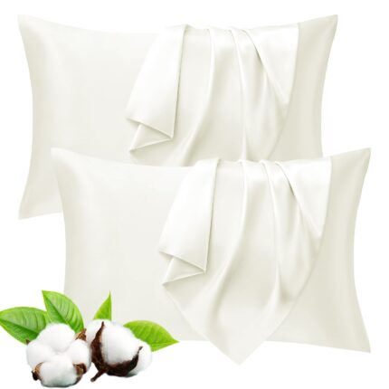 Set 2 bucati fata de Perna din Satin, cu Protectie pentru Par si Ten, Anti-Statica, Anti-Pilling, Permeabila la Aer, Placuta la atingere, 50x70 cm, Ivoire