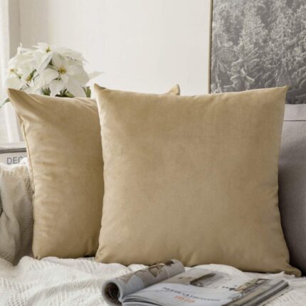 Set de 2 huse pentru perne MIULEE, din catifea moale, 50x50 cm, culoare Khaki
