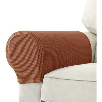 Set de 2 huse pentru brate de canapea, longziming, jacquard elastic, anti-alunecare, culoare maro ruginie, dimensiuni 45.7x53.3cm x 16.5x20.3cm x 20.3x27.9cm