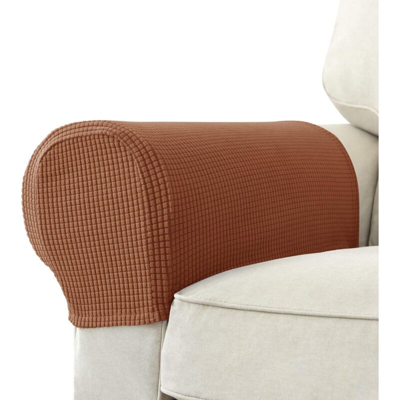 Set de 2 huse pentru brate de canapea, longziming, jacquard elastic, anti-alunecare, culoare maro ruginie, dimensiuni 45.7x53.3cm x 16.5x20.3cm x 20.3x27.9cm