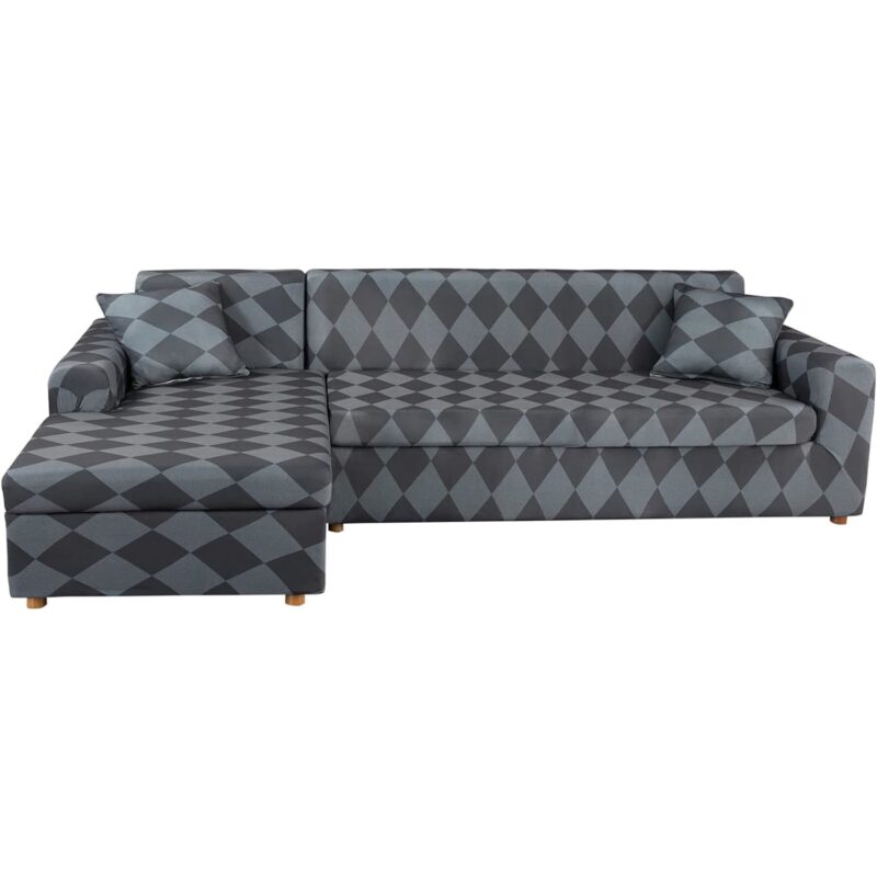 Husa canapea coltar 3 locuri, set 2 huse perne, negru-gri