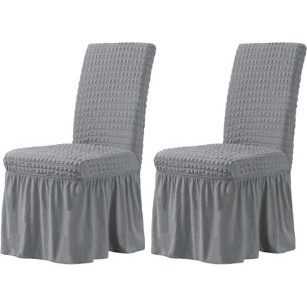 Set 2 huse de scaun, Creponat cu Volanase, Poliester si Licra, Gri Deschis